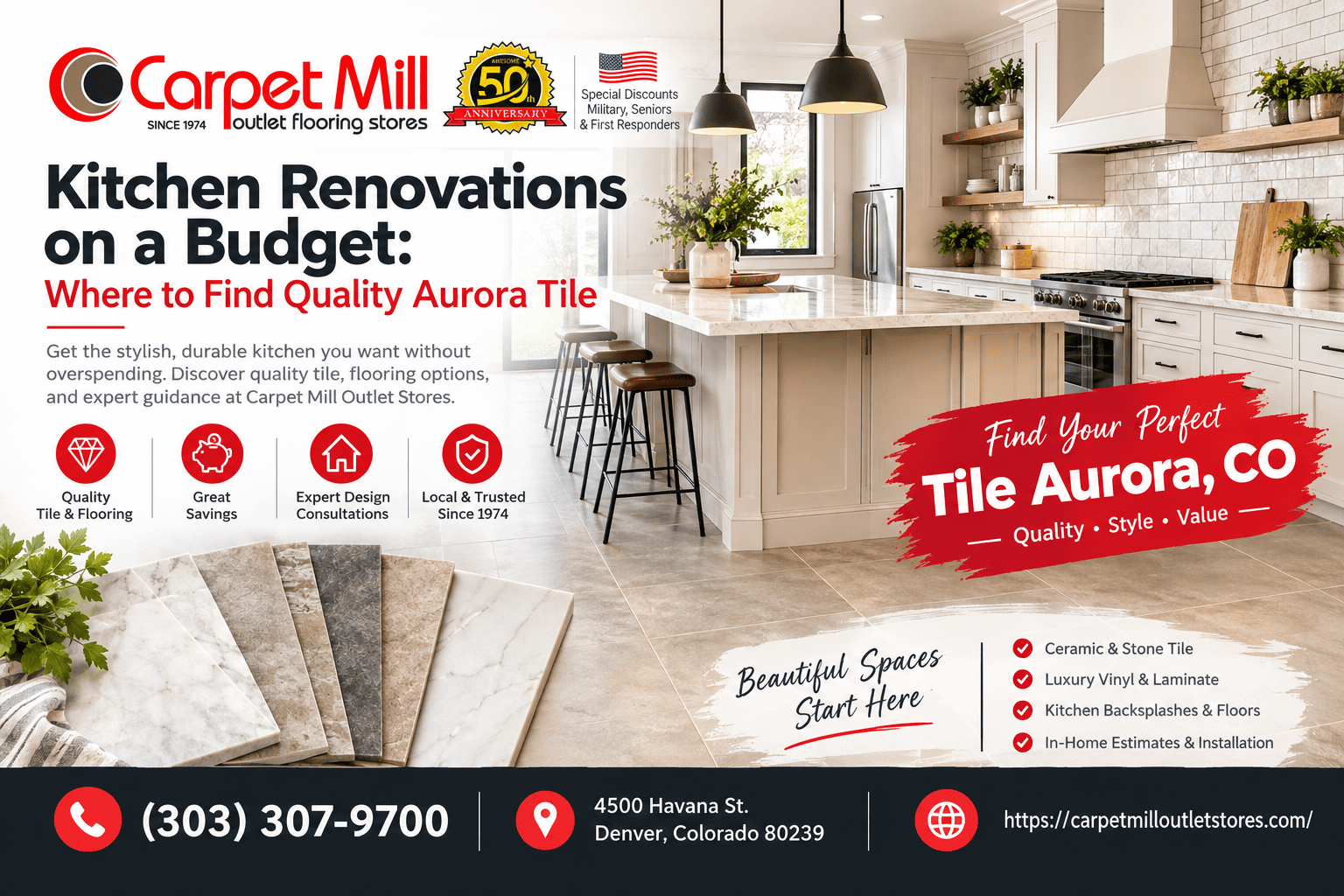 Carpet Mill Outlet Stores kitchen renovation with quality Aurora tile and flooring options
